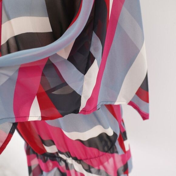 New York & Company Sheer Deep V-Neck Flutter Sleeve Red Gray Large Top / Blouse - Picture 3 of 9